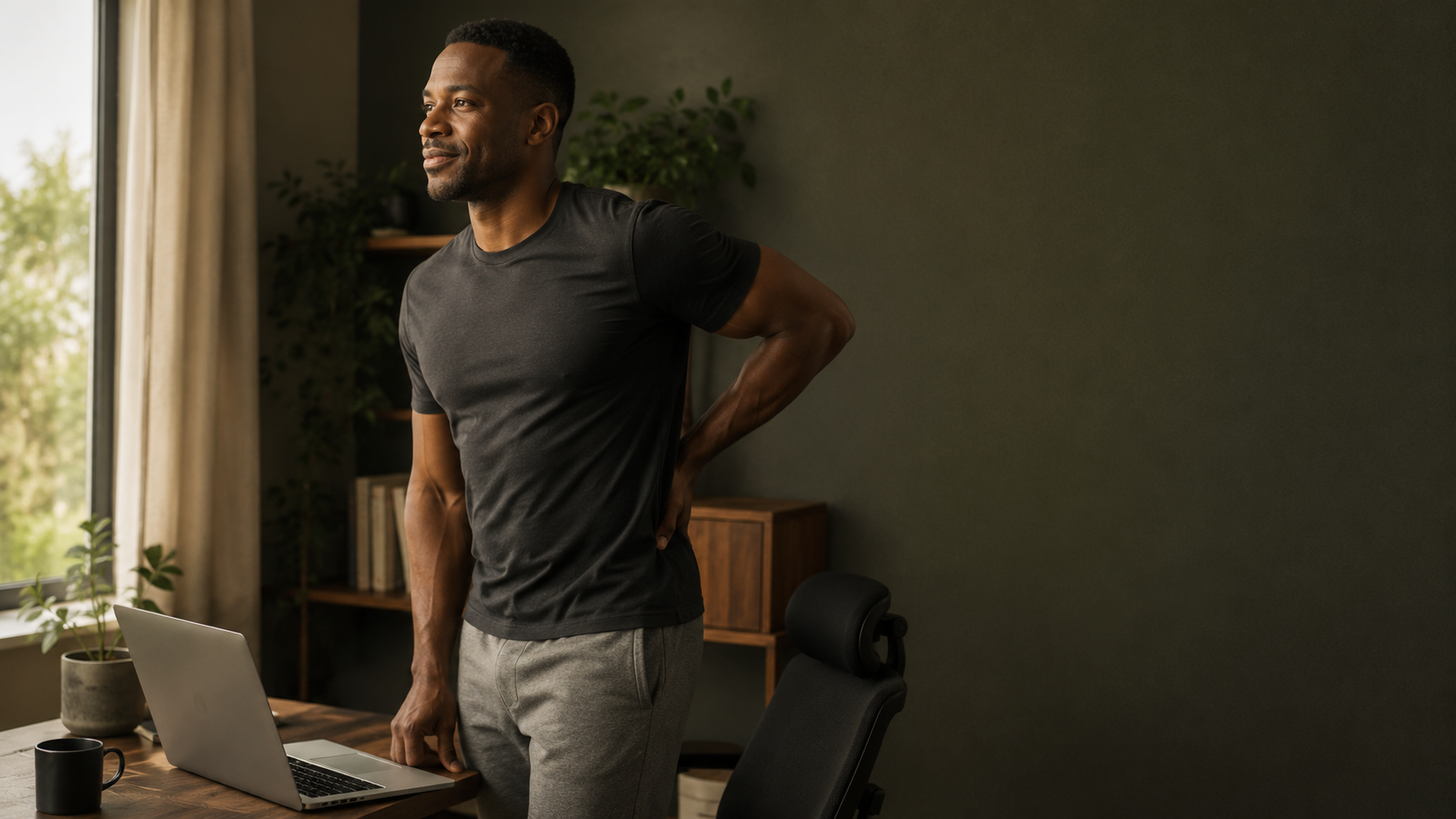 A desk worker easing his lower back at home